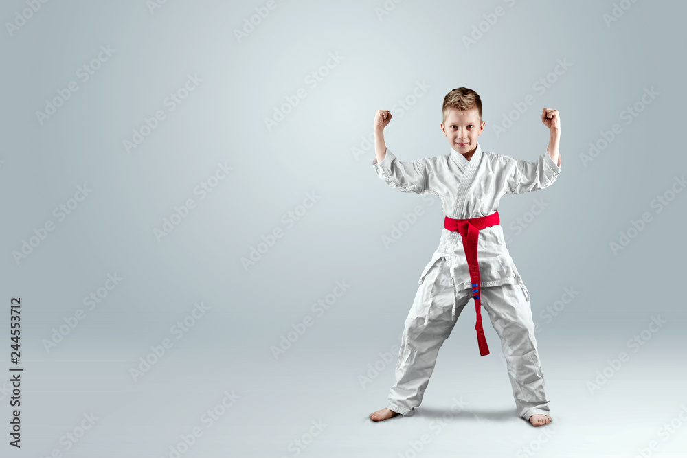 Creative background, a child in a white kimono in a fighting stance, on a  light background. The concept of martial arts, karate, sports since  childhood, discipline, first place, victory. copy space. Stock