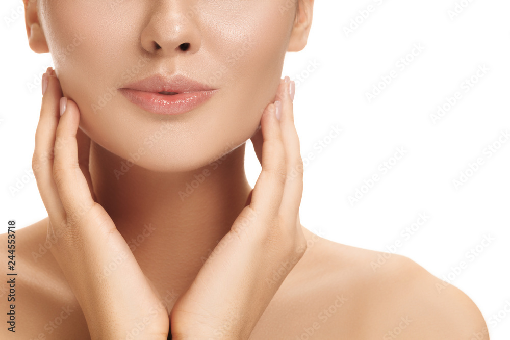 The beautiful female face. The perfect and clean skin of face on white. The beauty, care, skin, treatment, health, spa, cosmetic concept