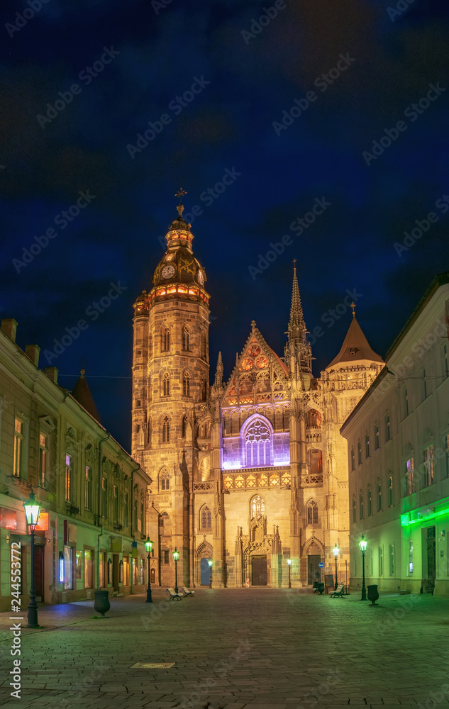 Scenic nightscape of St. Elisabeth cathedral in Kosice, Slovakia