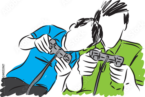 father and son playing video games vector illustration