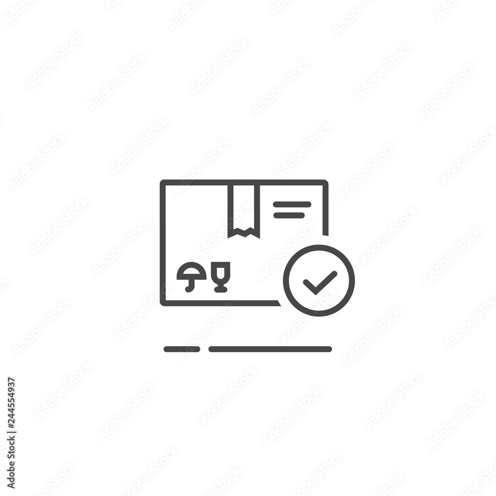 Parcel box with checkmark sign vector icon, line art outline parcel with tick, concept of approved or accepted delivery package, shipped or confirmed service Parcel box with checkmark sign vector icon, line art outline parcel with tick, concept of approved or accepted delivery package, shipped or confirmed service