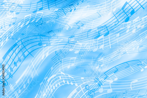 Cheerful, blue background on a musical theme with the image of notes and stave. Bright abstract background of colored strips.