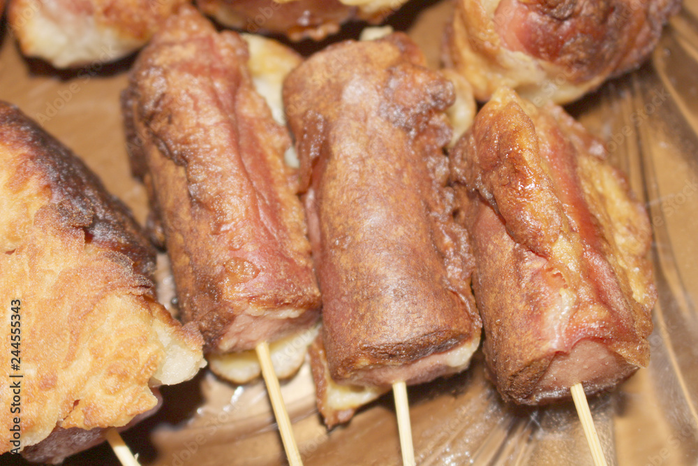 Sausages fried in batter. Sausages in the dough. Hot Dog. Sausages on skewers. Deep fried. Food. Breakfast. Sausages fried in batter. Sausages in the dough. Hot Dog. Sausages on skewers. Deep fried. Food. Breakfast.