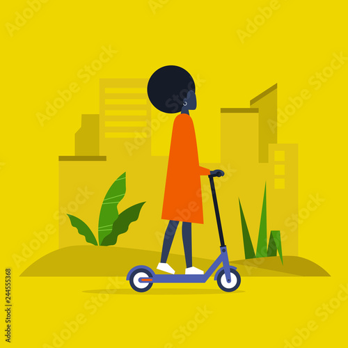 Young black female character riding an electric scooter. Urban  transportation. Modern technologies. Millennial lifestyle. Active young adults. Flat editable vector illustration, clip art