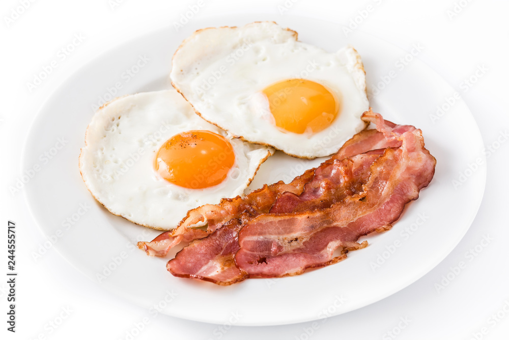 Fried eggs and bacon for breakfast isolated on white background. Close up
Fried eggs and bacon for breakfast isolated on white background. Close up