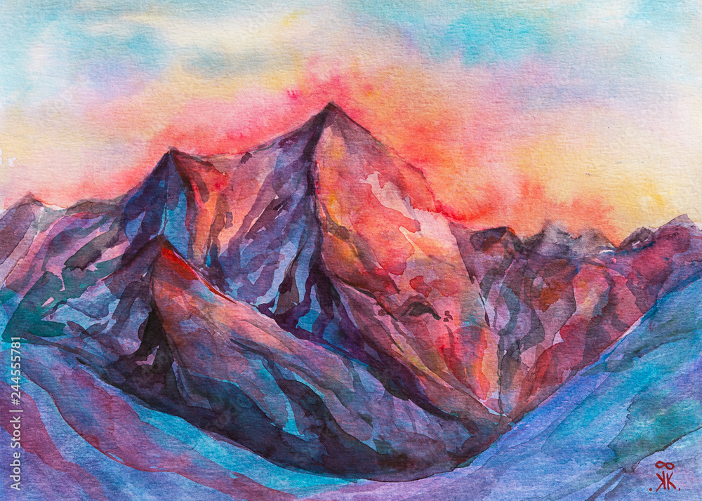 Fototapeta premium dipinto mattina in montagna cima acquerello