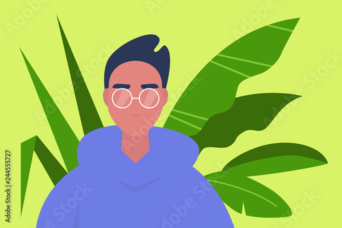 Young millennial character portrait. Plant leaves on a background. Caucasian teen wearing glasses. Flat editable vector illustration, clip art