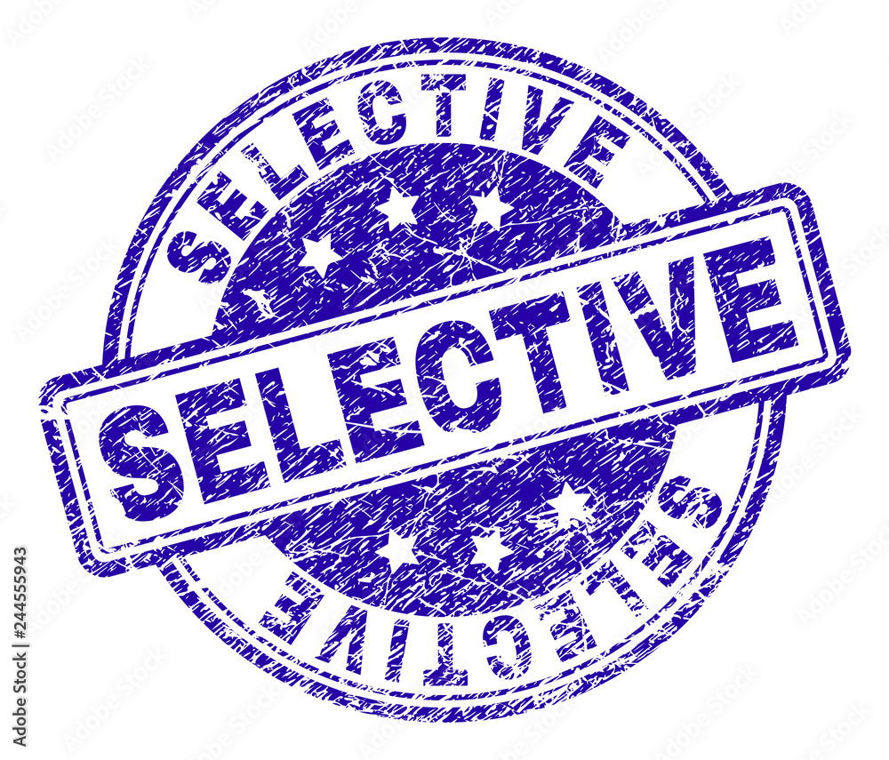 SELECTIVE stamp seal imprint with grunge texture. Designed with rounded rectangles and circles. Blue vector rubber print of SELECTIVE caption with grunge texture.