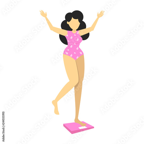 Happy slim girl standing on scales. Weight loss