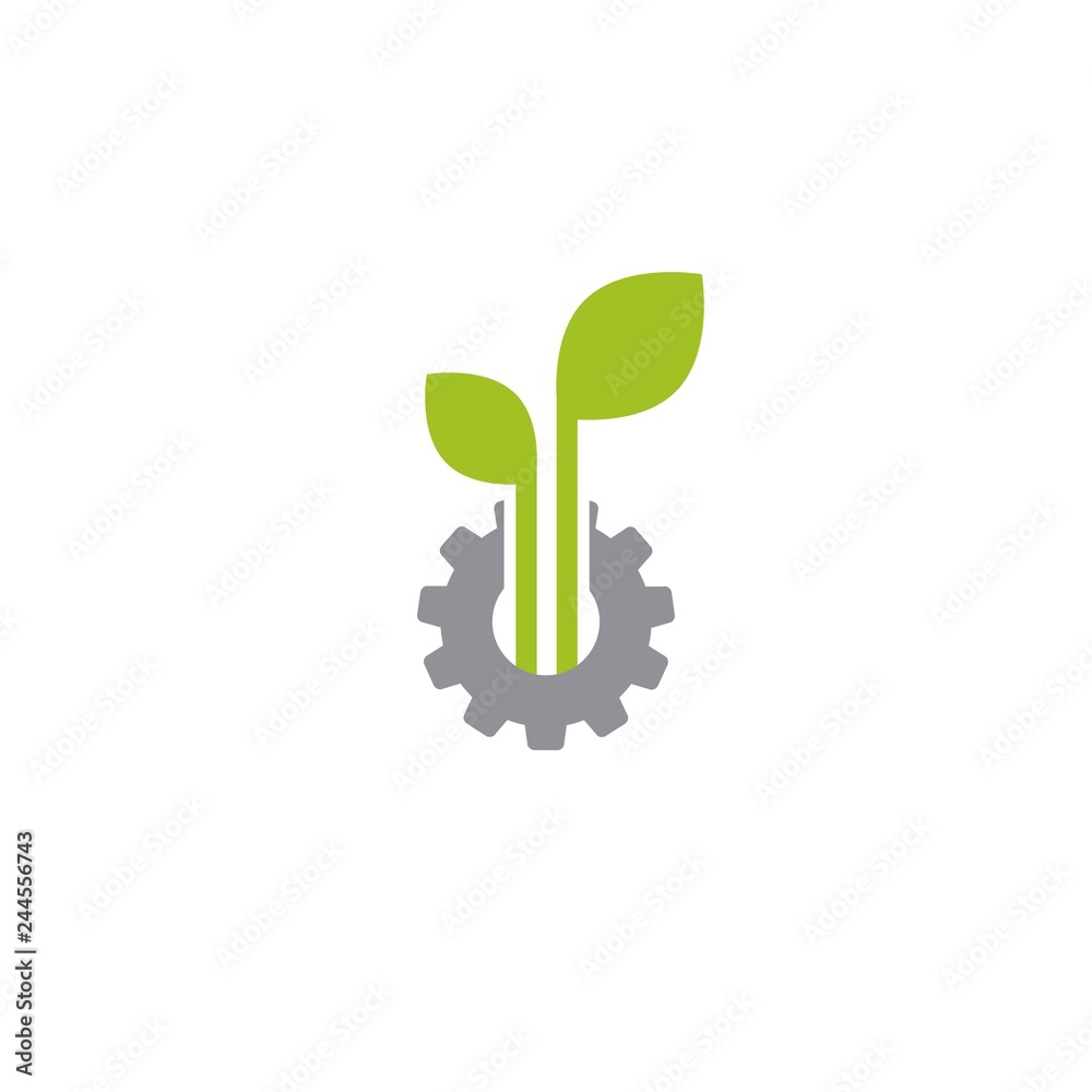 Mechanical gear and three green leaves. Isolated on white background. Mechanical gear and three green leaves. Isolated on white background.