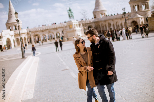 Loving couple by the Fisherman's Bastion in Budapest, Hungary