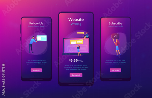 A girl makes a post on big laptop. Bloger is shareing information in weblog, online journal or informational website. Bloging and personal web log concept. Violet palette. App interface template.