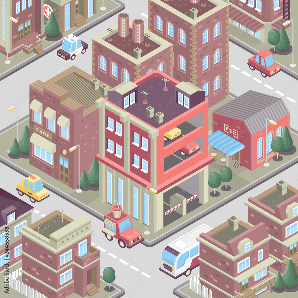 City district in isometric 3d style. Vector town. Set of buildings, houses, townhouses, multi-family homes, shop, bar, school, hospital, car parking.