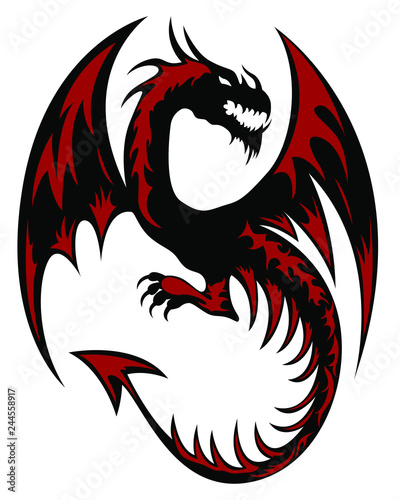 Black and red tribal dragon tattoo on white background. Vector illustration