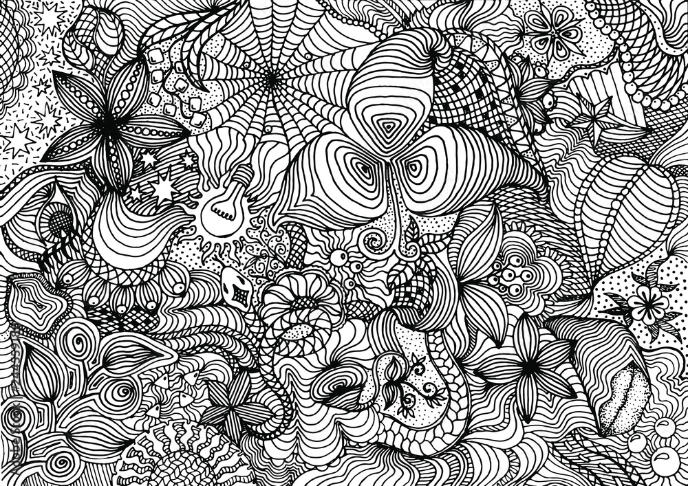 Fototapeta premium Hand drawn doodle backdrop pattern with numerous different elements. Black tracery on white background, vector illustration