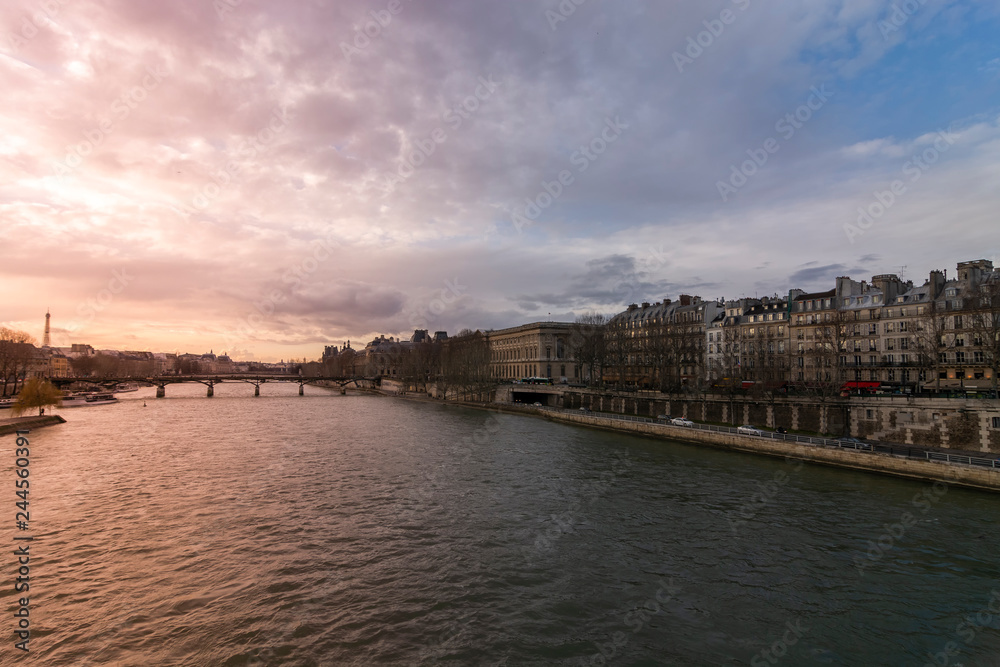 Beautiful sunset above the Seine river, Paris, France.