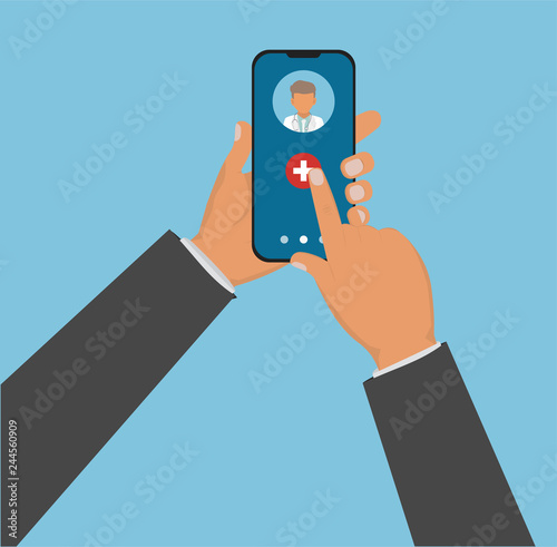 Mobile medicine, mhealth, online doctor. Hand holding smartphone with medical app. Hand holding smartphone to call the doctor. Medical consultation concept. Vector flat illustration. 
