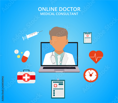 Online doctor, internet computer health service, medical consultation vector concept. Online medical consultation and support, illustration of medical service. Vector illustration.