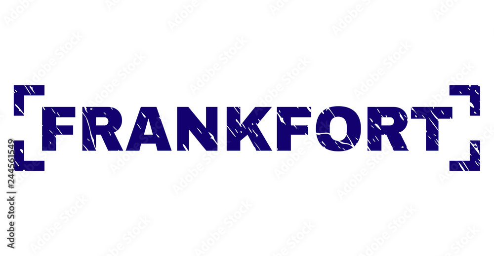 FRANKFORT text seal stamp with grunge style. Text caption is placed between corners. Blue vector rubber print of FRANKFORT with grunge texture. FRANKFORT text seal stamp with grunge style. Text caption is placed between corners. Blue vector rubber print of FRANKFORT with grunge texture.