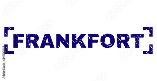 FRANKFORT text seal stamp with grunge style. Text caption is placed between corners. Blue vector rubber print of FRANKFORT with grunge texture.