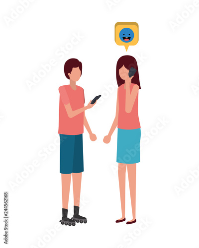 young couple with speech bubble avatar character