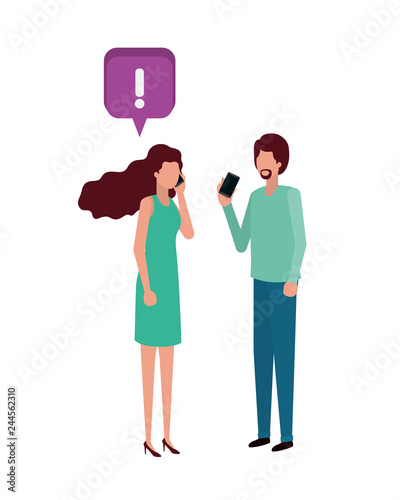 young couple with speech bubble avatar character