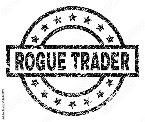 ROGUE TRADER stamp seal watermark with distress style. Designed with rectangle, circles and stars. Black vector rubber print of ROGUE TRADER label with dirty texture.
