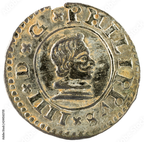 Ancient Spanish copper coin of King Felipe IV. 1662. Coined in Sevilla. 16 Maravedis. Obverse. photo