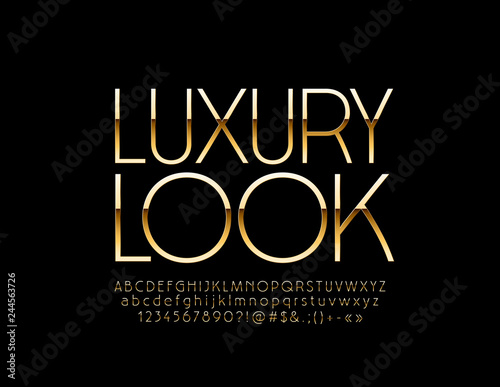 Vector stylish emblem Luxury Look. Royal Gold Unique Font. Elite slim Alphabet Letter, Numbers and Symbols.