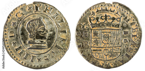 Ancient Spanish copper coin of King Felipe IV. 1662. Coined in Sevilla. 16 Maravedis. photo