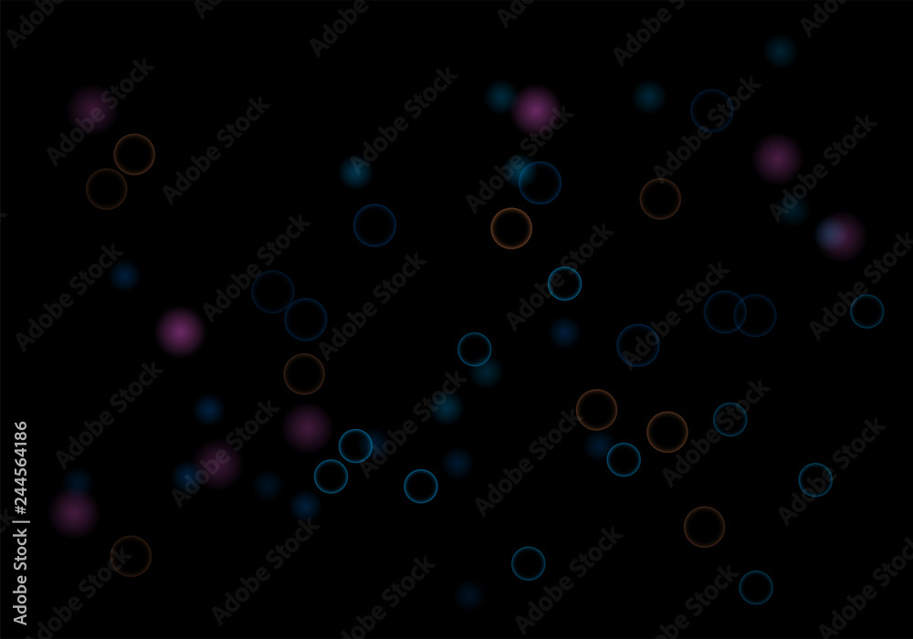 Bokeh in abstract style on black background. Illuminated design. Vector abstract geometric background. Bright bokeh texture. Bokeh. Modern wallpaper. Vector holiday design.