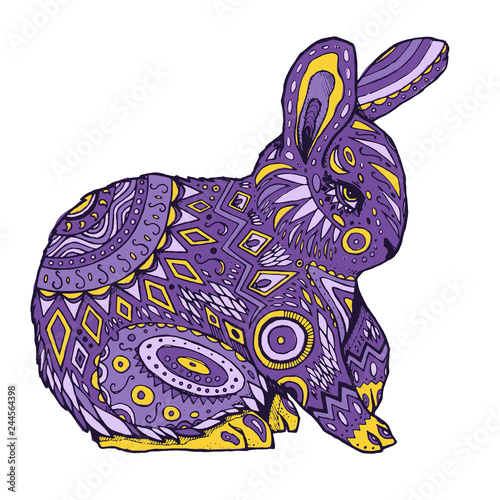 Doodle hand drawn illustration. The rabbit, hare with patterns. Colorful image colored image. Can be used as prints, cards, Easter celebration.