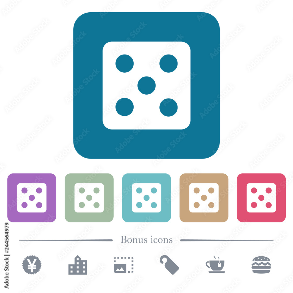 Dice five flat icons on color rounded square backgrounds Dice five flat icons on color rounded square backgrounds