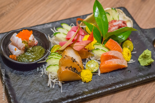 Sashimi Moriawase 5 types Salmon, maguro, tako, tai, shime saba photo