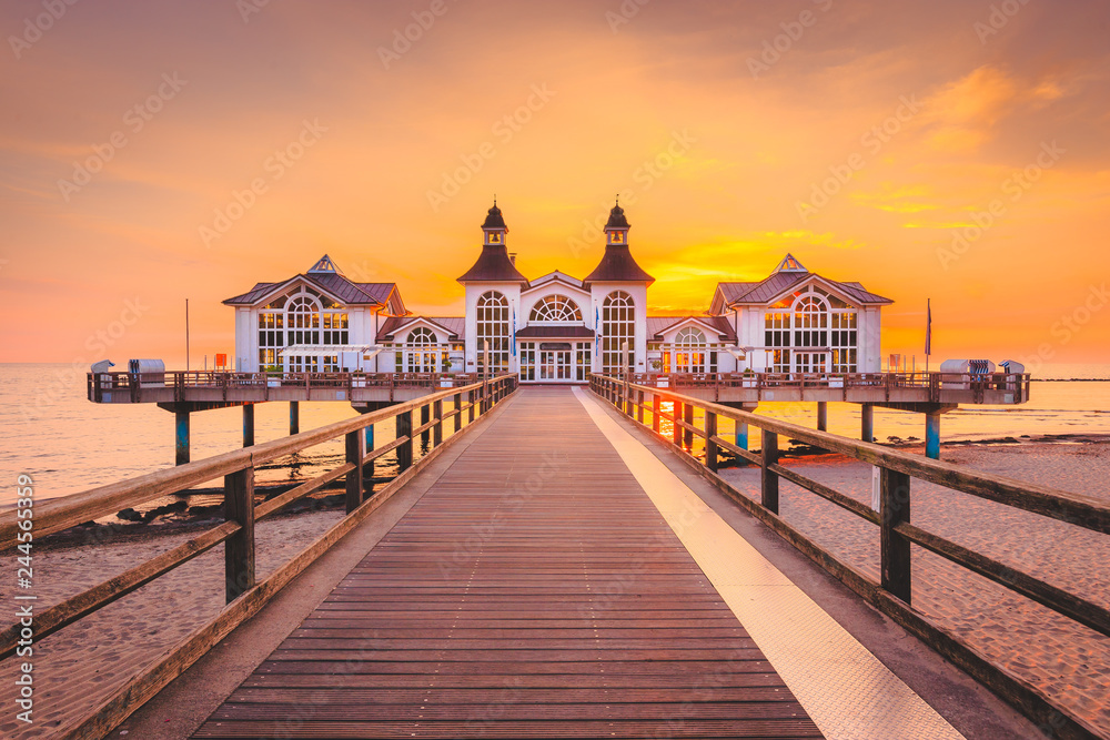 Seebrücke Sellin at sunrise, Baltic Sea, Germany
