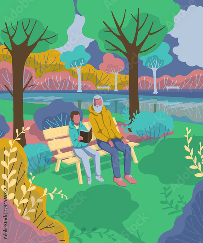 Grandfather with grandson sitting on bench in park and reading book. Vector illustration	