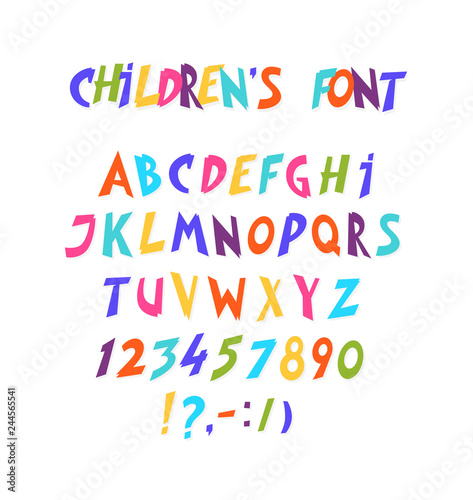 Full set of comic font. Letters and colored forms. A beautiful comic, modern font. Letters are symbols for the design of a poster, flyer or presentation. Bright graphic elements. 