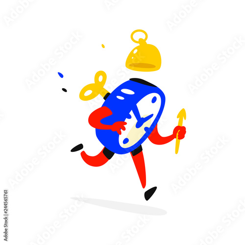 Cartoon character is an alarm clock. Time is running out. The clock is ringing. Time runs away. Image is isolated on white background. Flat illustration for sign, print and website. Timing.