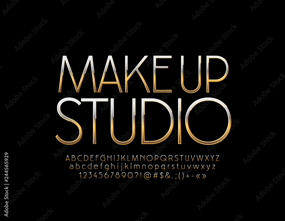 Vector logo Make up Studio with Golden Font. Luxury metallic Alphabet Letters, Numbers and Symbols. Vector logo Make up Studio with Golden Font. Luxury metallic Alphabet Letters, Numbers and Symbols.