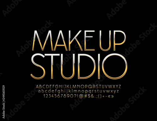 Vector logo Make up Studio with Golden Font. Luxury metallic Alphabet Letters, Numbers and Symbols.