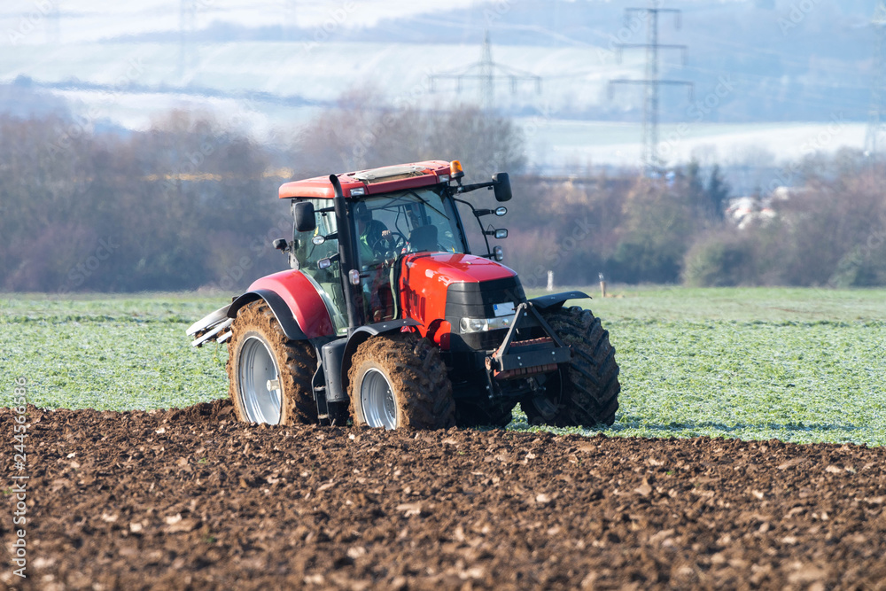 Fototapeta Traktor pflügt das Feld