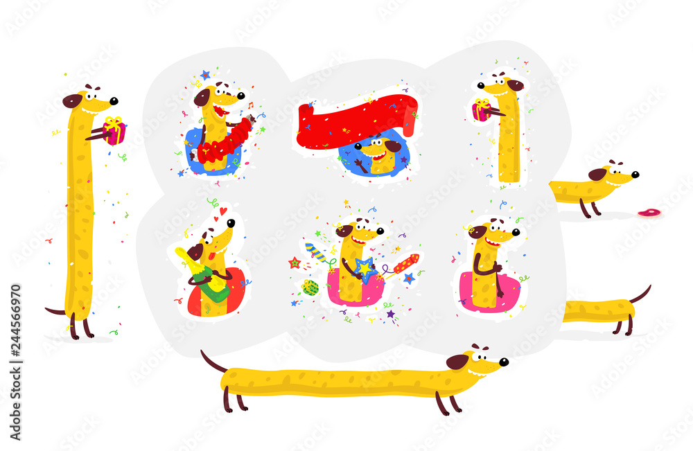 Obraz premium Illustration of a yellow dog. Dog stickers for banner, website and print. Images are isolated on background. Fashionable bright illustration. Mascot for the store, brand. Cheese dog, hot dog.