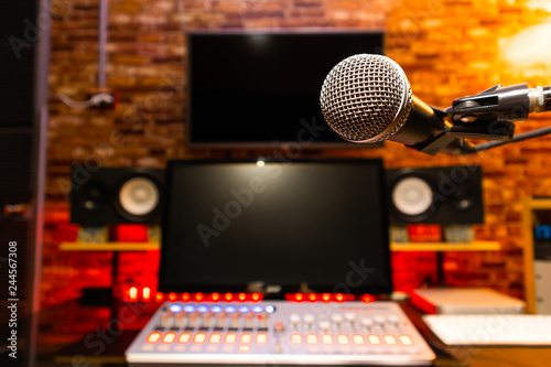 microphone in broadcasting studio, control room