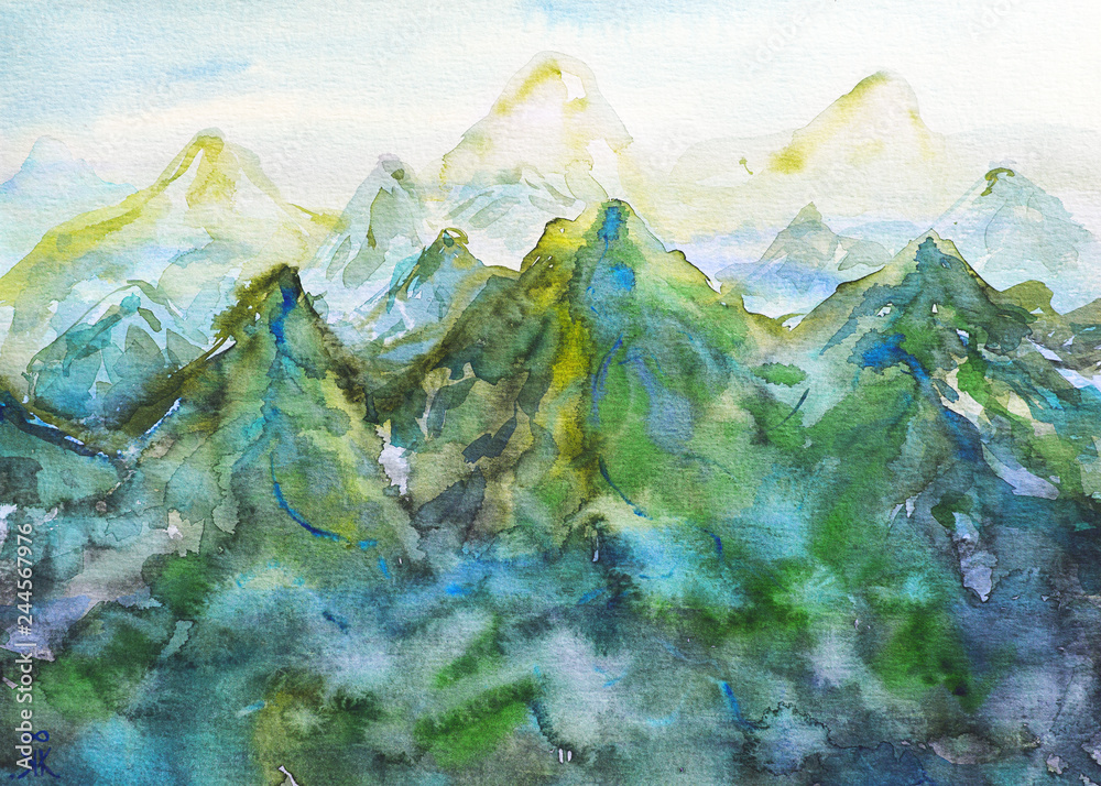 Obraz premium dipinto acquerello montagna verde bella