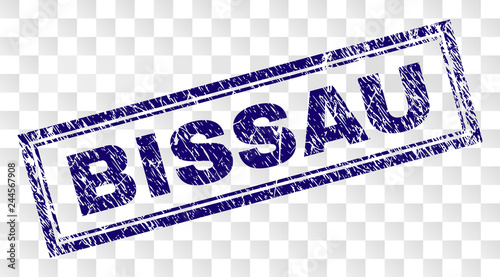 BISSAU stamp seal print with rubber print style and double framed rectangle shape. Stamp is placed on a transparent background. Blue vector rubber print of BISSAU label with unclean texture.