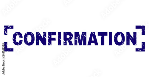CONFIRMATION text seal watermark with corroded texture. Text title is placed between corners. Blue vector rubber print of CONFIRMATION with scratched texture.