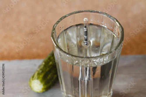 Glass of homemade moonshine with alcoholometer and pickled cucumber on the wooden background. Closeup, selective focus photo