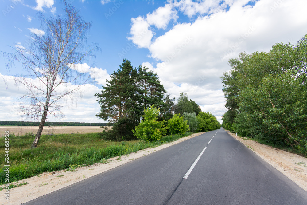 New asphalt road constructed in summer. Beautiful landscape of highway, trees and beautiful contrast sky with many clouds New asphalt road constructed in summer. Beautiful landscape of highway, trees and beautiful contrast sky with many clouds