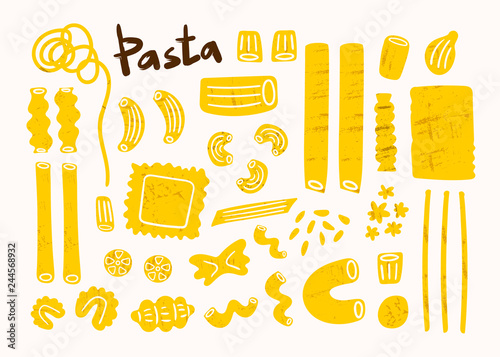 Various types of pasta. Hand drawn colored vector set. Trendy grunge texture. All elements are isolated. Perfect for cooking books or menus