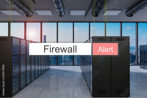 Firewall alert in red search bar large modern server room skyline view, 3D Illustration